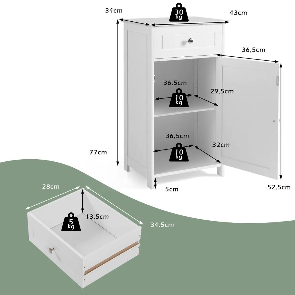 Armário de piso para casa de banho, com porta, prateleira ajustável, gaveta para casa de banho 43 x 34 x 77 cm, branco