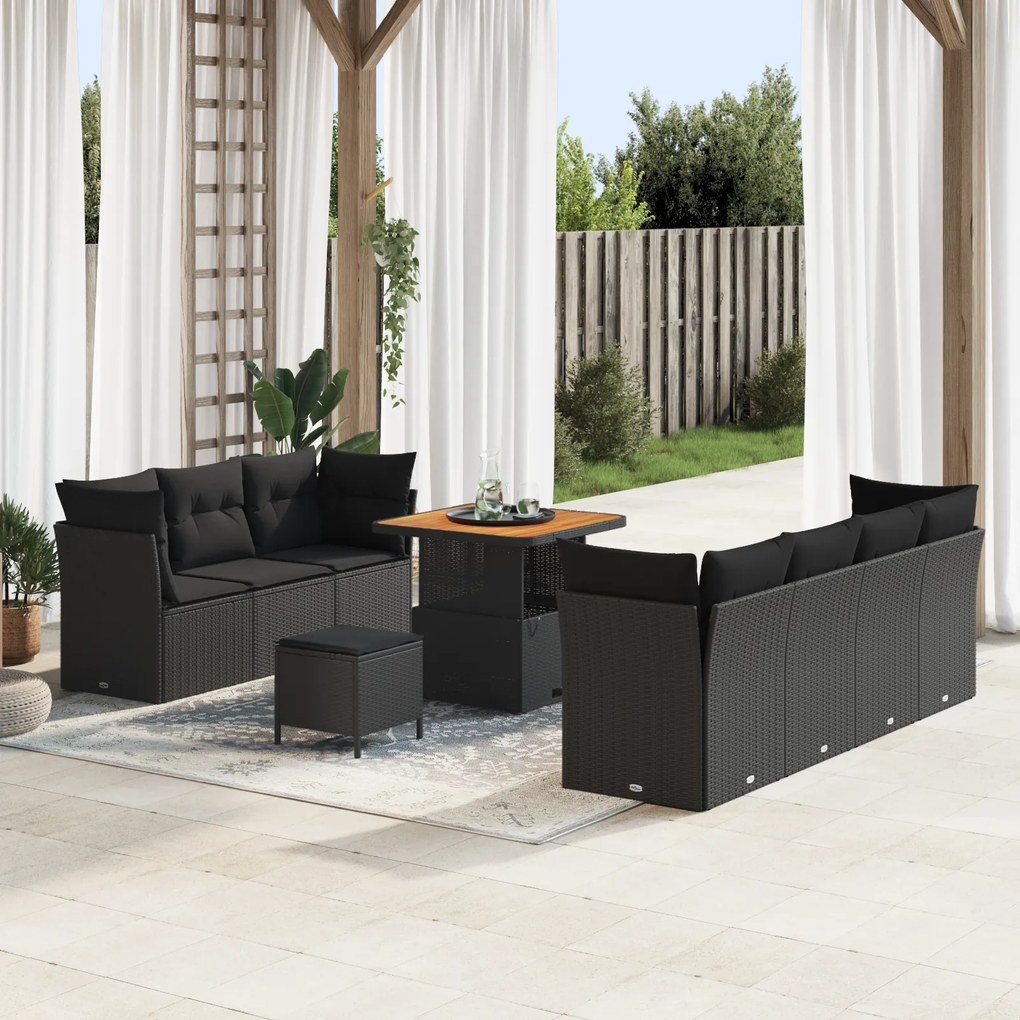 Conjunto de Sofá de Jardim vidaXL com 10 Peças e Almofadas Rattan Poliéster Preto Acácia