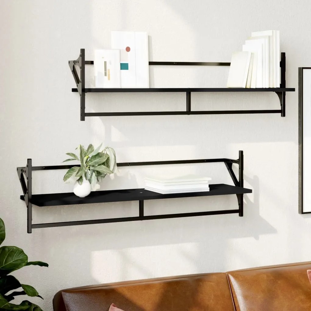 vidaXL Prateleiras de parede com barras 2 pcs 100x25x30 cm preto