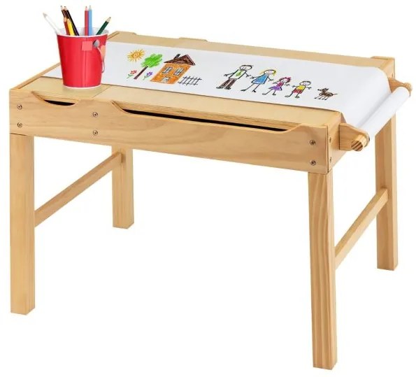 Mesa de actividades para crianças em madeira com encosto reversível, compartimentos e suporte para rolos de papel 86,5 x 60 x 57 cm-Natural