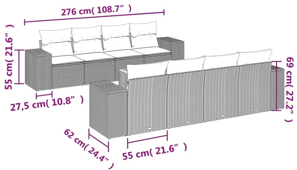 9 pcs conjunto sofás p/ jardim com almofadões vime PE cinzento