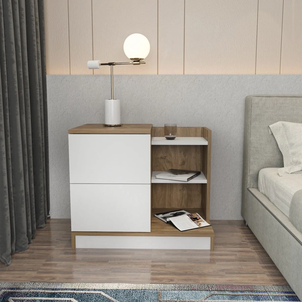 Mesa de Cabeceira Rena – Branco e Nogueira – 72x45x60 cm