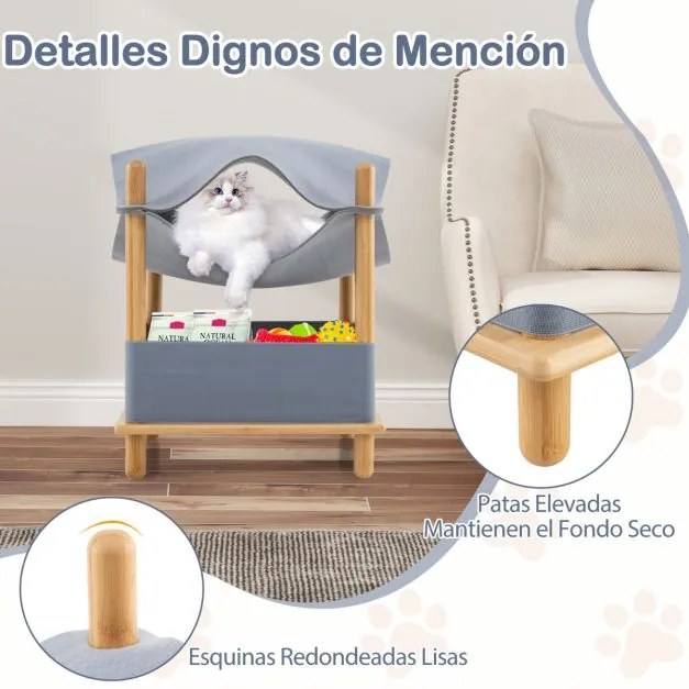 Cama para gatos de madeira de 2 níveis moderna com compartimento semi-fechado Cinzento