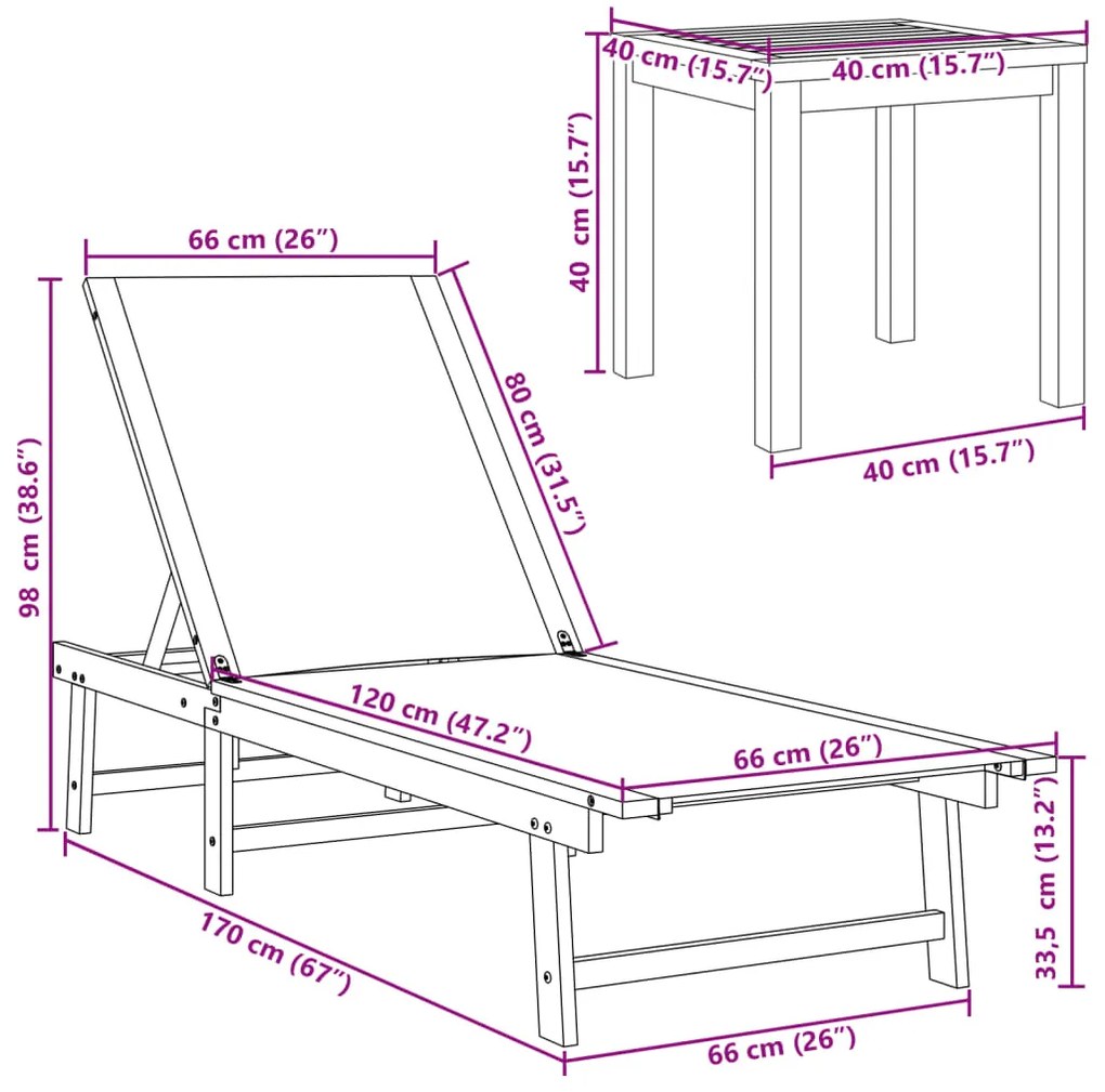 Espreguiçadeira c/ mesa acácia maciça e textilene creme
