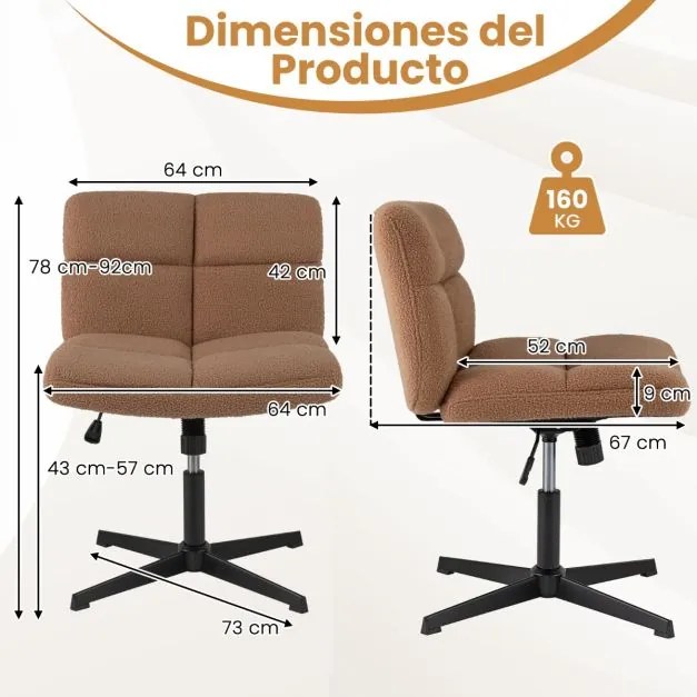 Cadeira giratória para escritório Sem Rodas com superfície de pelúcia felpuda, altura ajustável, base de metal e elevador a gás premium Castanho claro