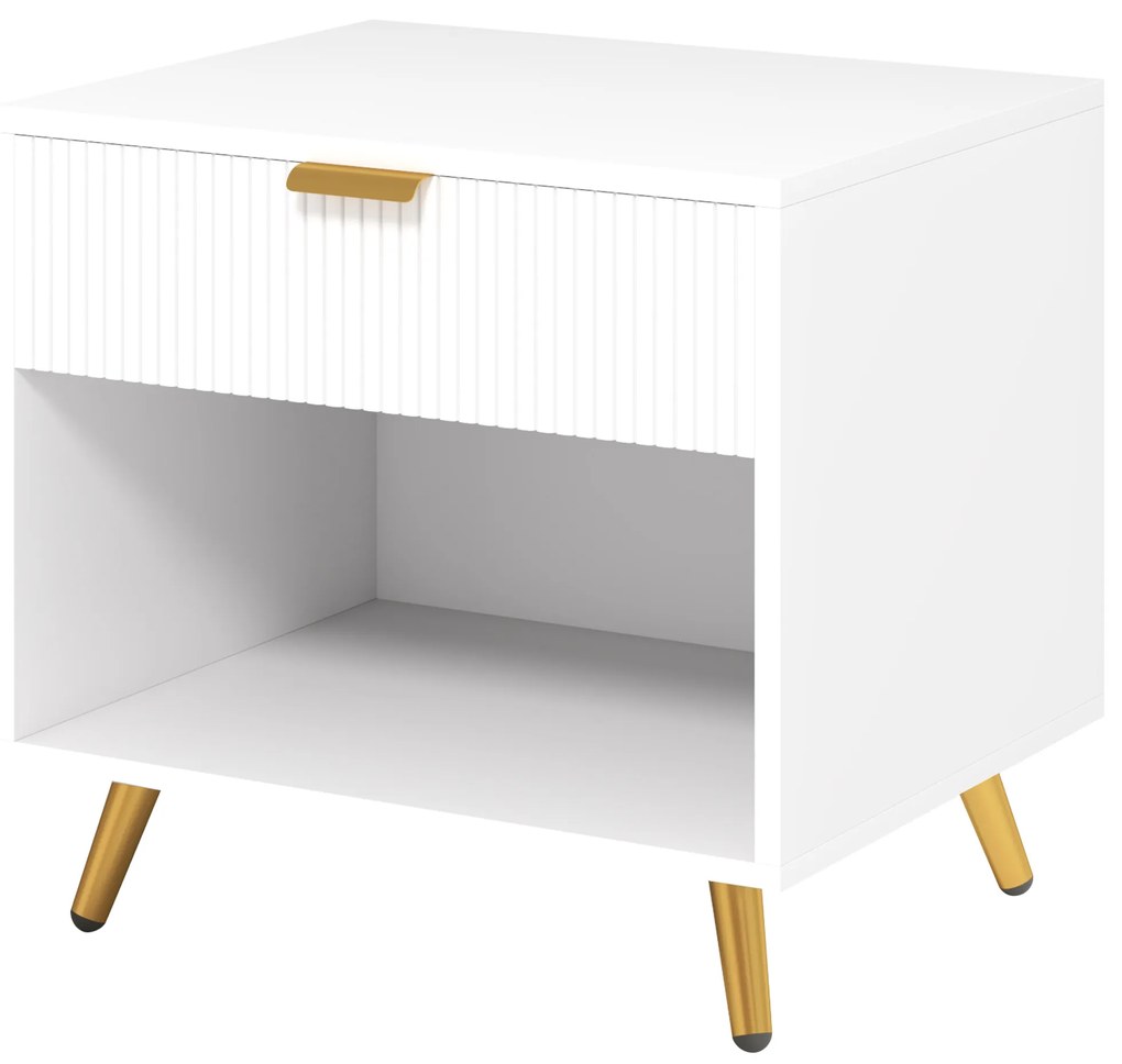 Mesa de Cabeceira Moderna com Gaveta Puxador Dourado e Compartimento Aberto 50x40x47 cm Branco