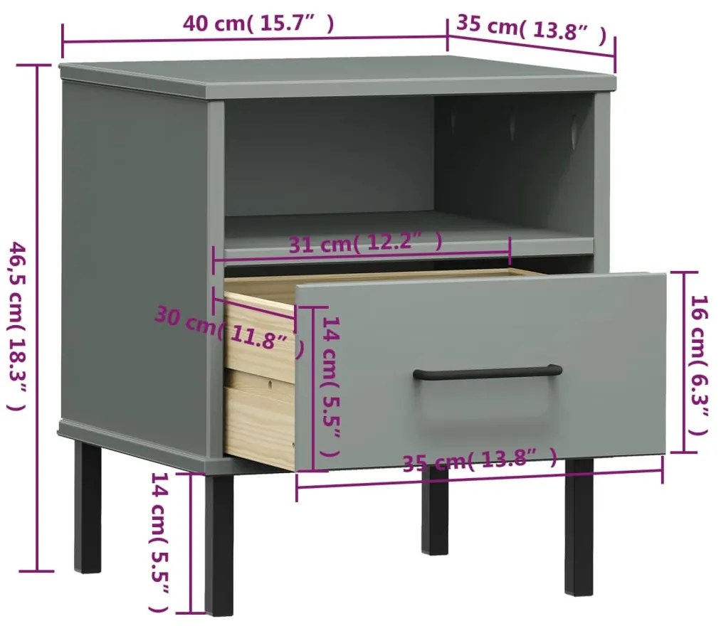 Mesa cabeceira c/ pernas de metal OSLO pinho maciço cinzento