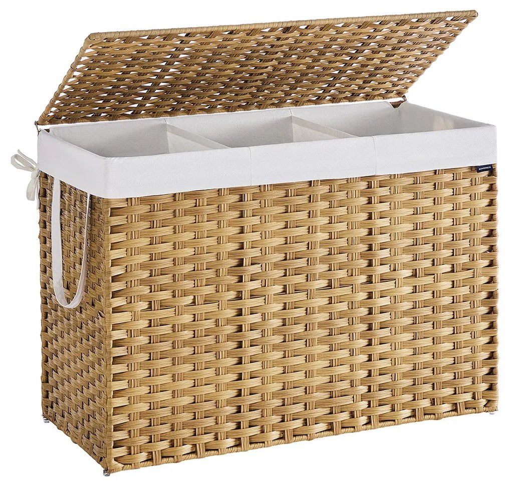 Cesto para roupa suja 200 litros em rattan sintético com 3 compartimentos, 86 x 40 x 61 cm cor natural
