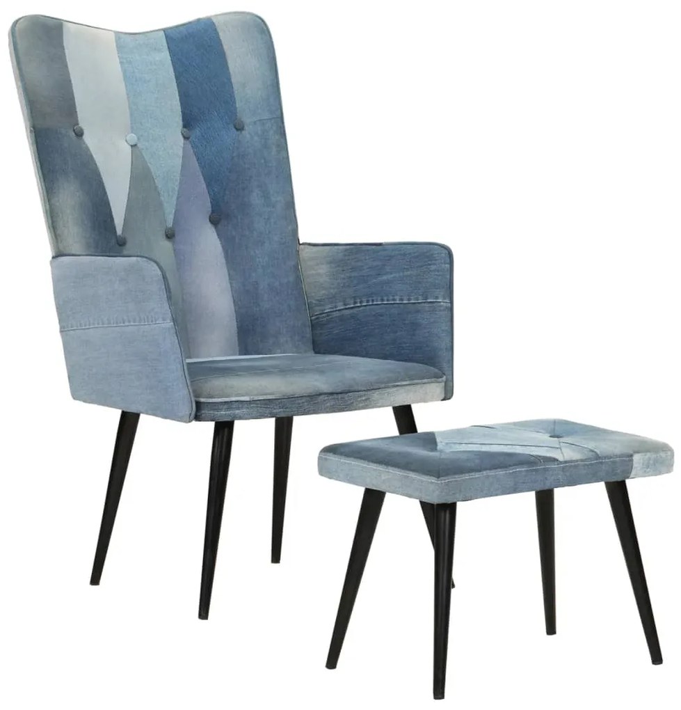 339672 vidaXL Poltrona com apoio para os pés remendos de ganga azul