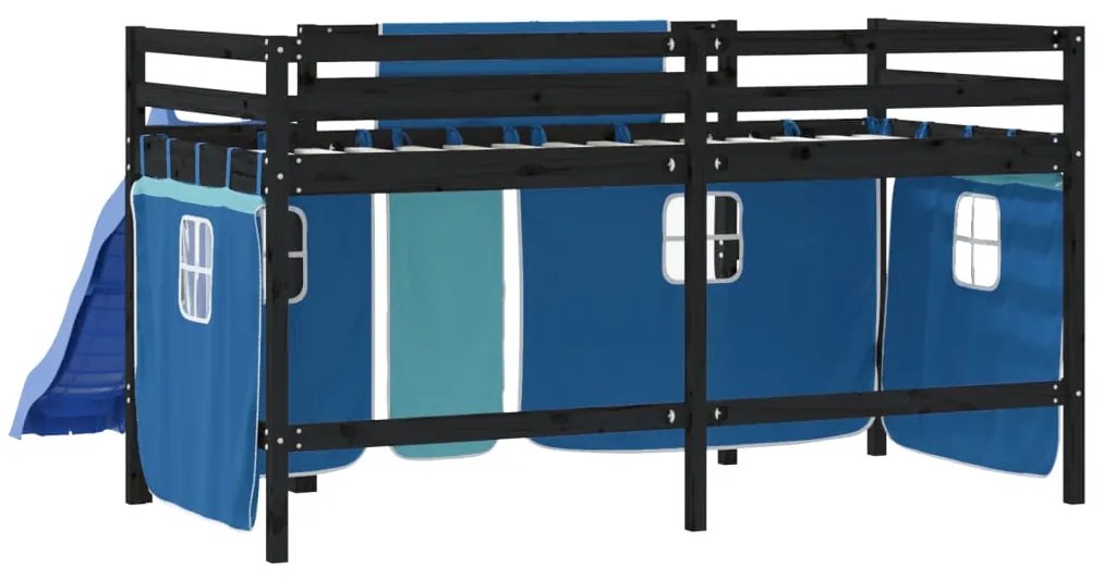 Cama alta p/ criança c/ cortinas 90x190 cm pinho maciço azul