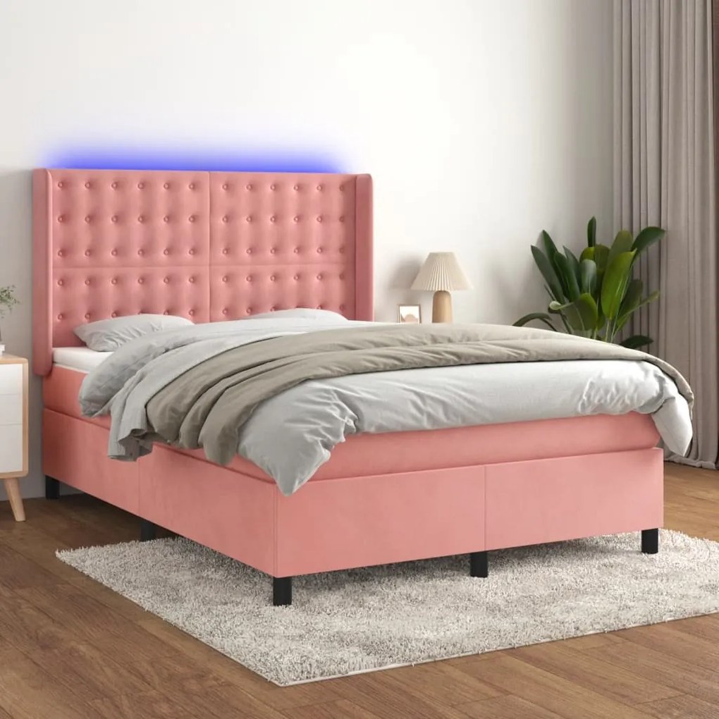 Cama box spring c/ colchão/LED 140x190 cm veludo rosa