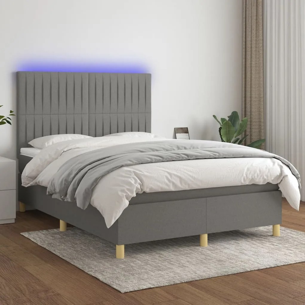 Cama box spring c/ colchão e LED 140x190 cm tecido cinza-escuro