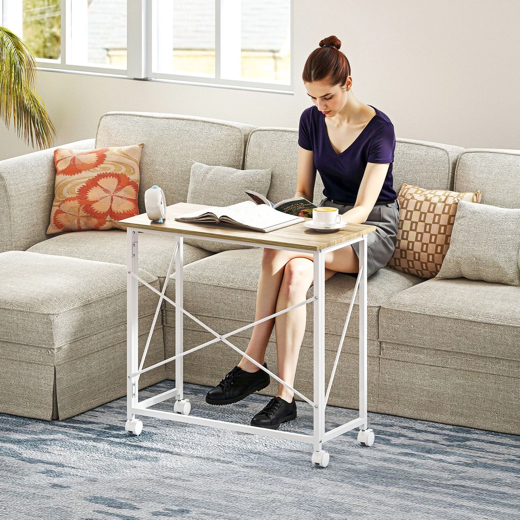 Secretária Dobrável com Rodas Mesa de Secretária Compacta Portátil para Espaços Pequenos 80x40x75 cm Madeira e Branco