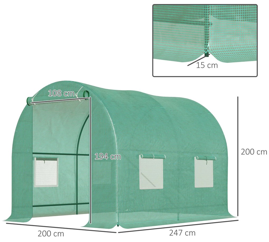Cobertura de Estufa tipo Túnel 247x200x200cm Cobertura de Substituição para Estufa de Polietileno com 4 Janelas e Porta Enrolável Proteção de