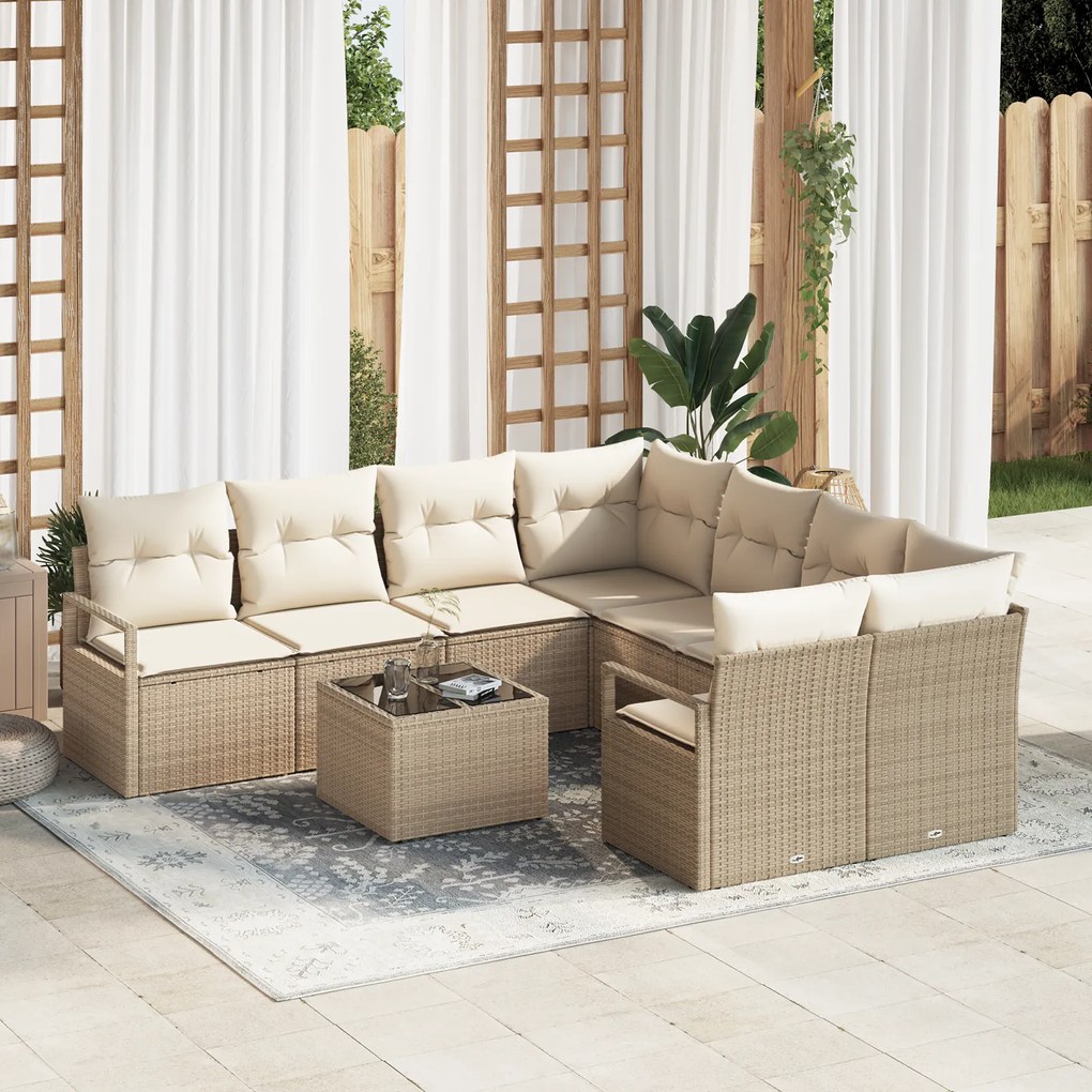 Conjunto de Sofá de Jardim vidaXL de 9 Peças com Almofadas Bege Rattan