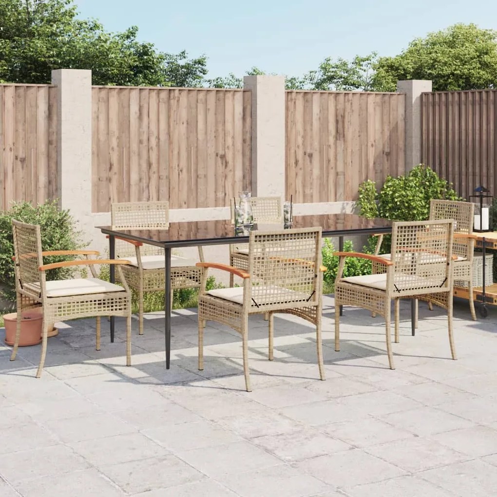 vidaXL 7 pcs conjunto de jantar p/ jardim com almofadões vime PE bege