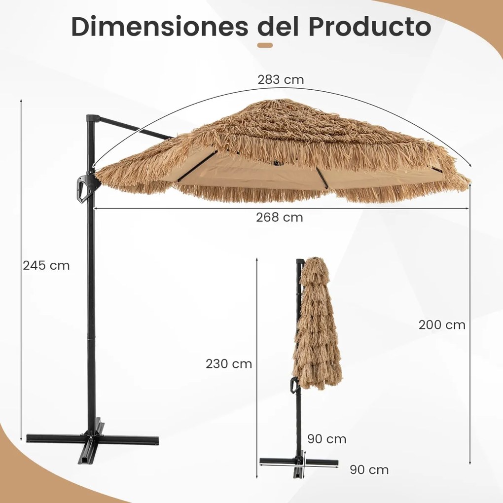 Guarda-sol suspenso estilo havaiano  283 x 245 cm com cobertura à prova de sol e parte superior ventilada para piscina, jardim, natural