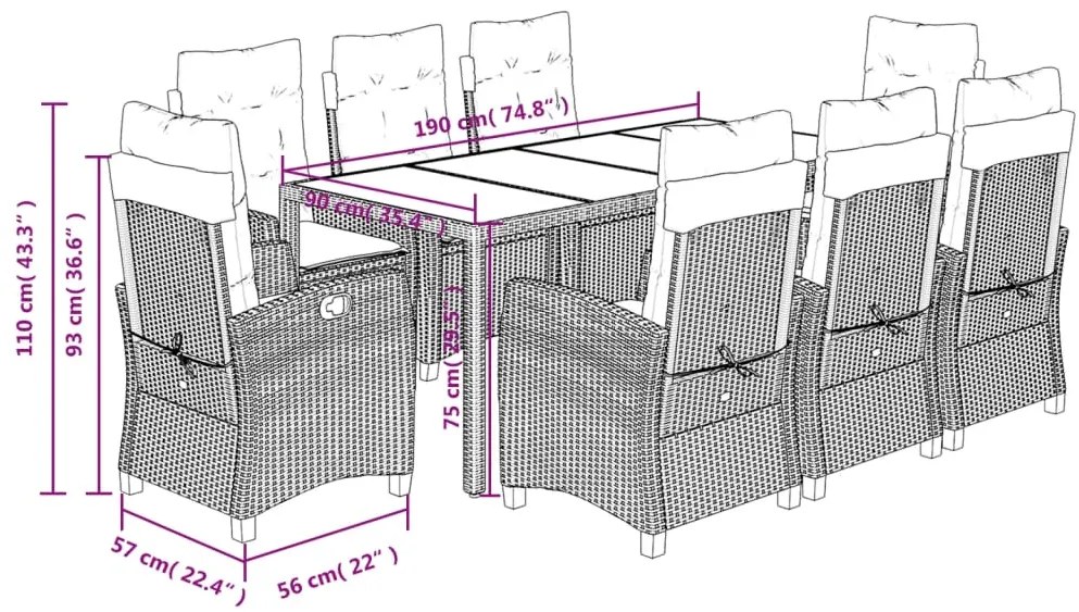 9 pcs conjunto de jantar p/ jardim c/ almofadões vime PE cinza