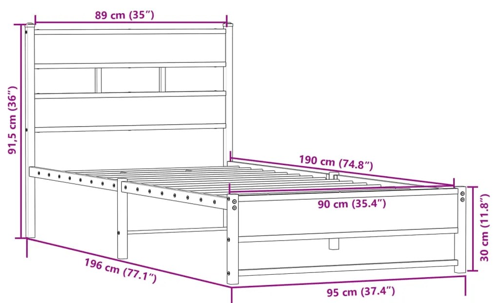 Estrutura de cama sem colchão 90x190 cm metal carvalho sonoma