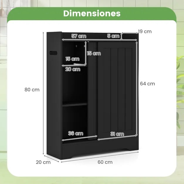 Armário de Cozinha ou Casa de Banho 60 x 20 x 80 cm com porta-papel higiênico, compartimento para escova e prateleiras ajustáveis com 2 portas desliza
