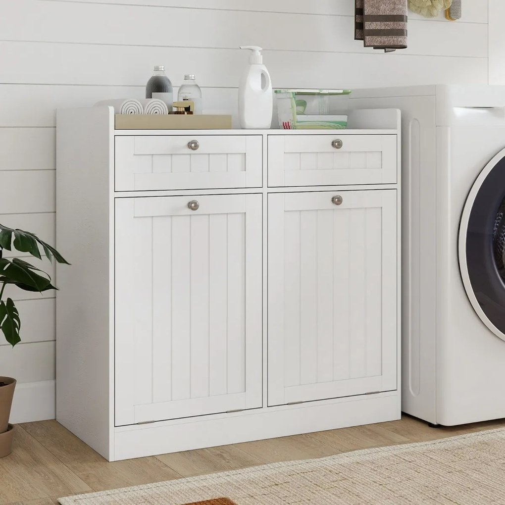Armário para roupa suja 79 x 40 x 80 cm com dupla inclinação com Estante, 2 gavetas e 2 sacos para roupa suja removíveis Branco