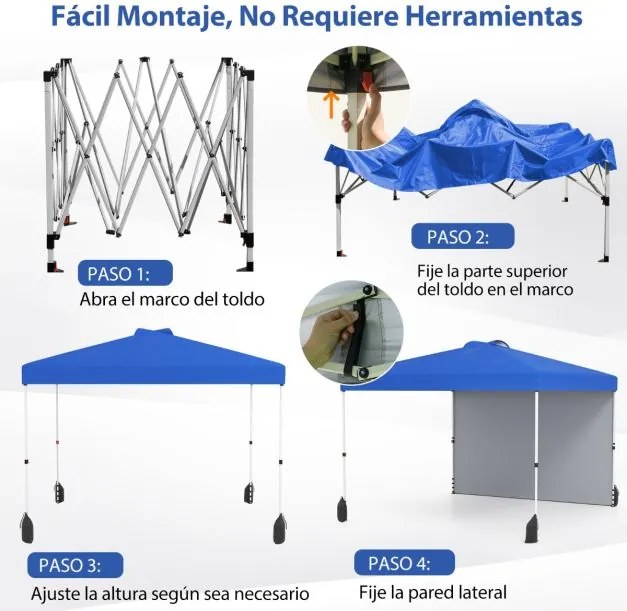 Tenda Pop up 3 x 3 m jardim, eventos, feiras com 1 Parede Lateral, com Bolsa com Rodas, 4 Sacos de Areia Azul