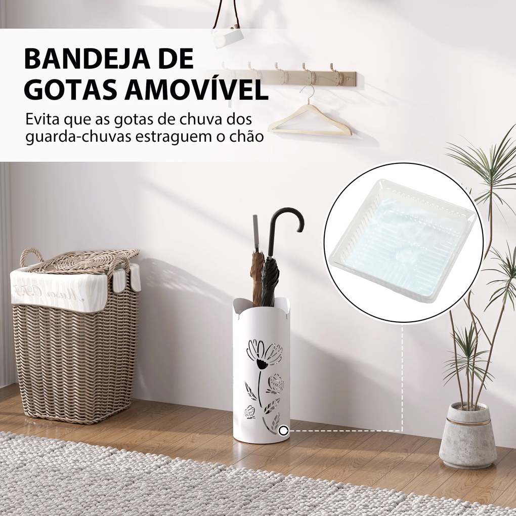 Suporte para Guarda Chuva em Aço com 4 Ganchos Bandeja de Gotejamento Amovível para Entrada 17x17x41 cm Branco