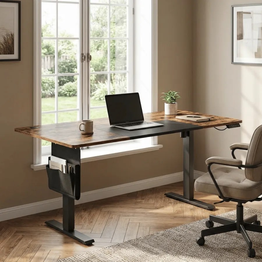 Secretaria elétrica com altura ajustável, 180 x 80 x (72-120) cm, função de memória castanho-preto