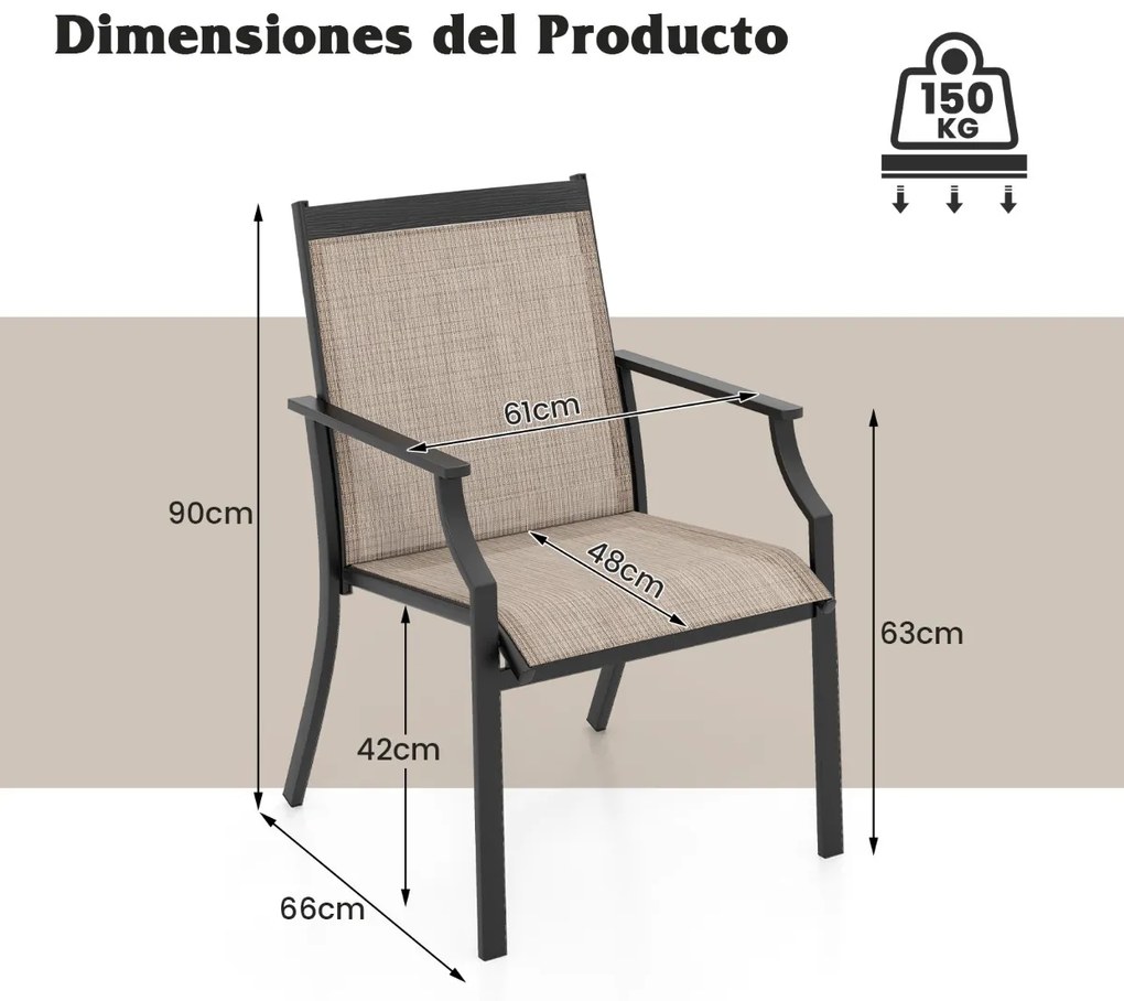 Conjunto de 2 cadeiras de jardim com assento respirável Estrutura metálica encosto alto e apoios de braços ergonómicos Castanho