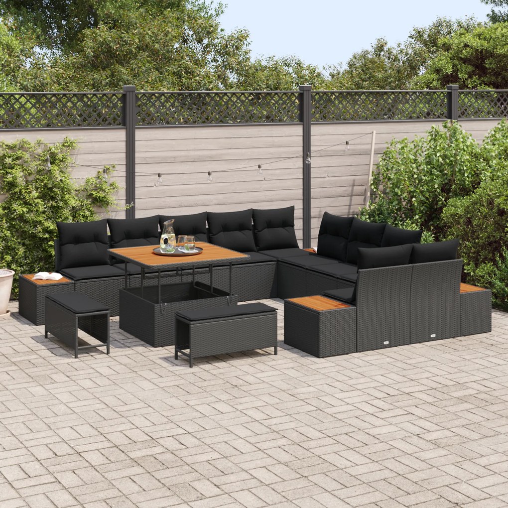 Conjunto de Sofá de Jardim de 13 Peças com Almofadas Preto Rattan Poli
