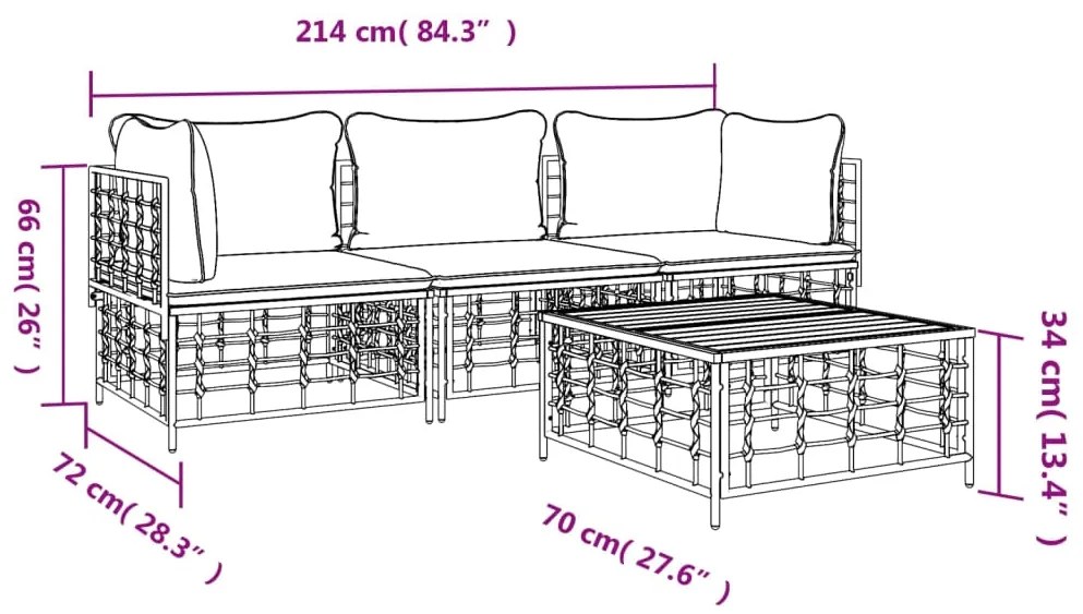4 pcs conjunto lounge de jardim c/ almofadões vime PE antracite