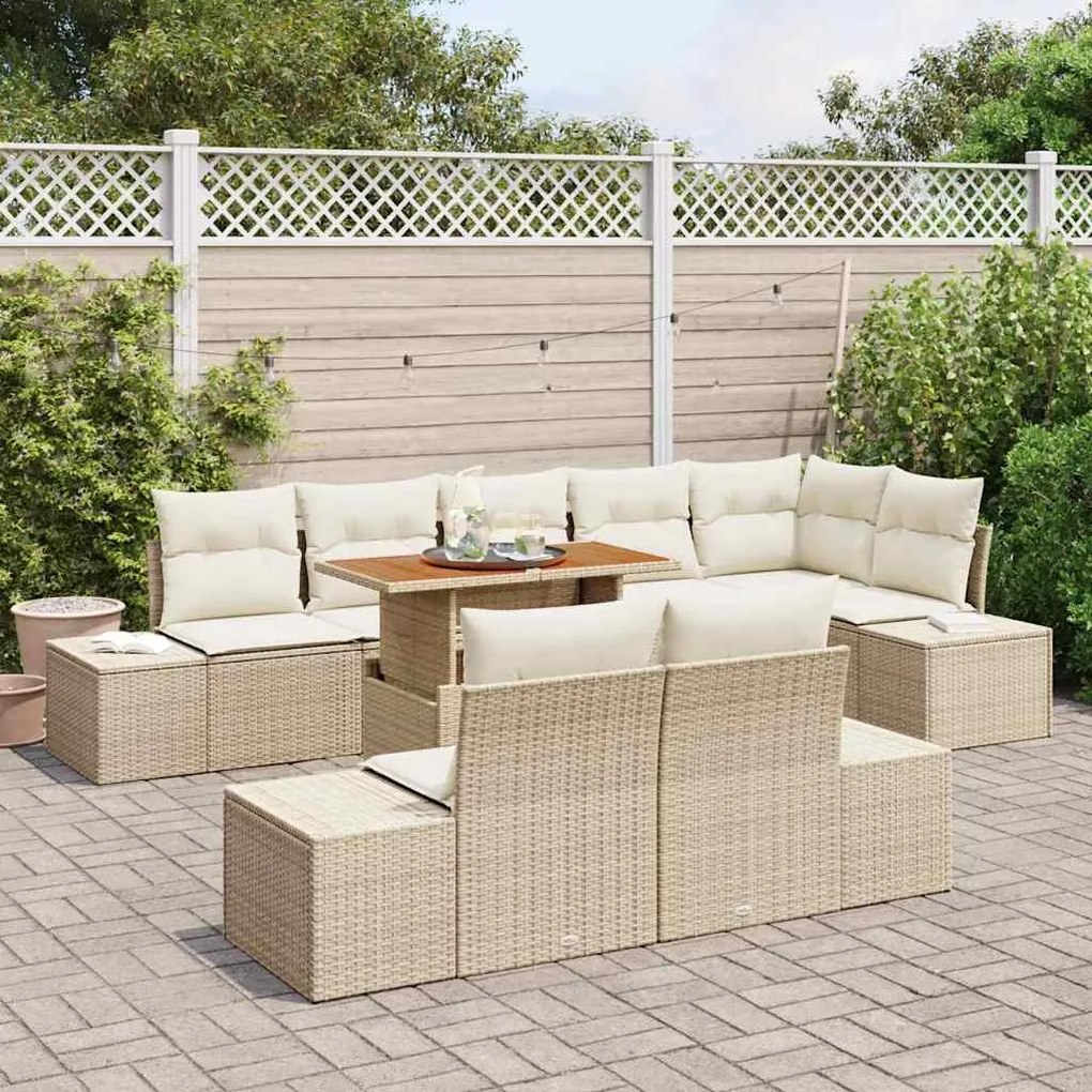 Conjunto de Jantar para Jardim com 9 Peças e Almofadas Bege em Rattan