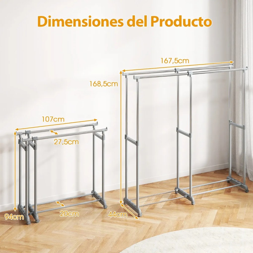 Cabideiro Duplo com Rodas, Altura Ajustável e Largura Extensível, Metal Resistente para closet, Lavandaria ou Sala 140-195 cm Cinza