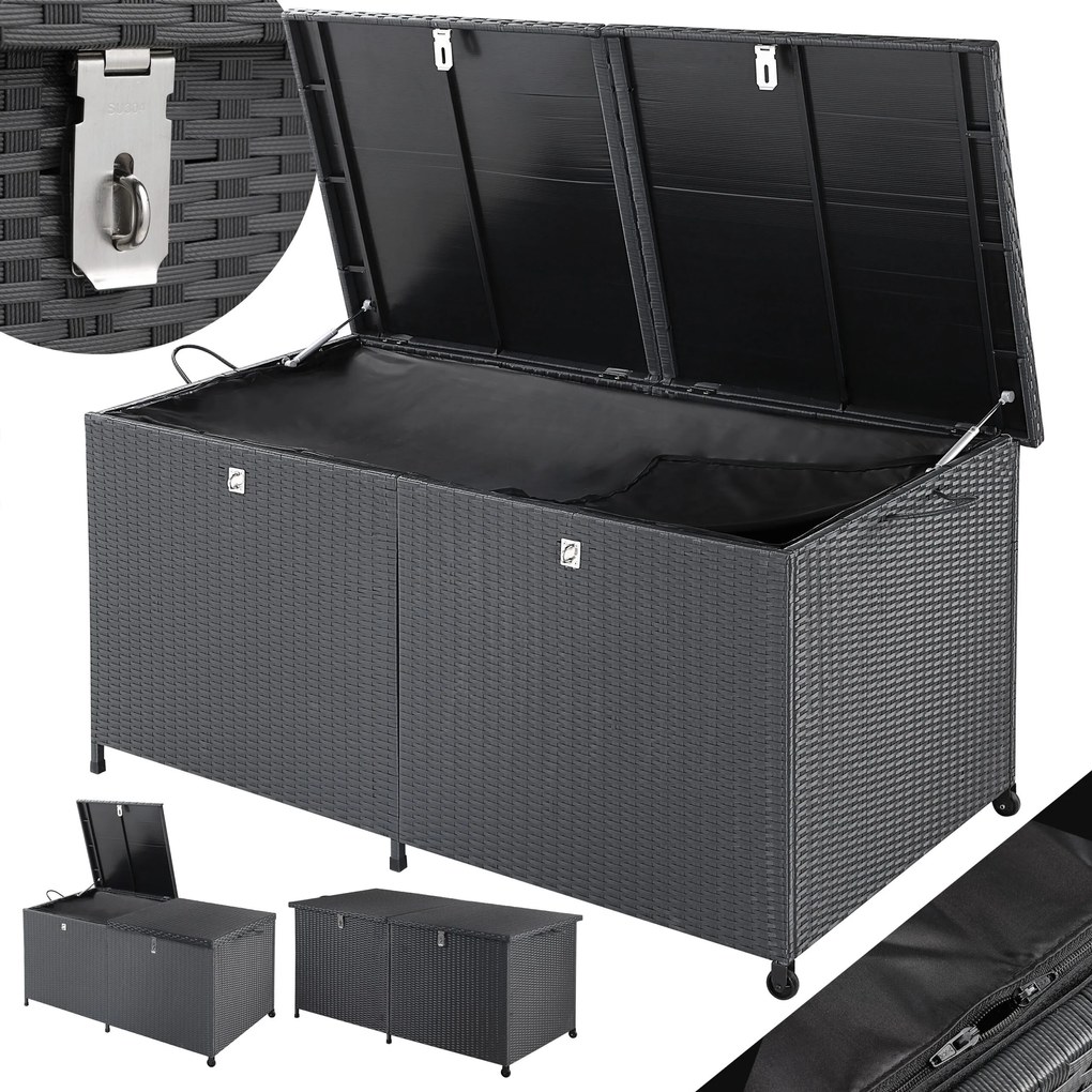 Caixa de exterior para almofadas 625 L em Polyrattan 151x77x73cm com Rodas Preto