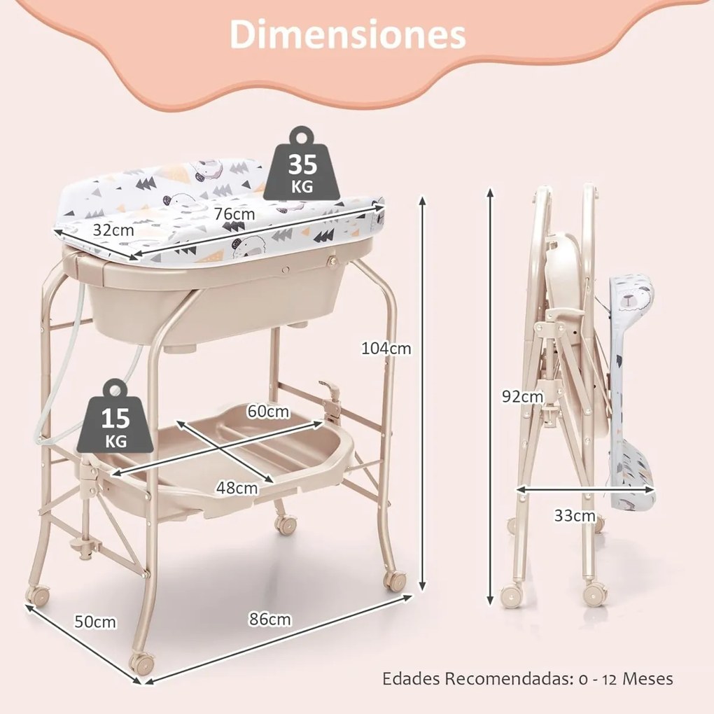 Troca-fraldas com banheira dobrável e portátil para bebés com bandeja de armazenamento e 4 rodas universais com travas, carga 35 kg, bege