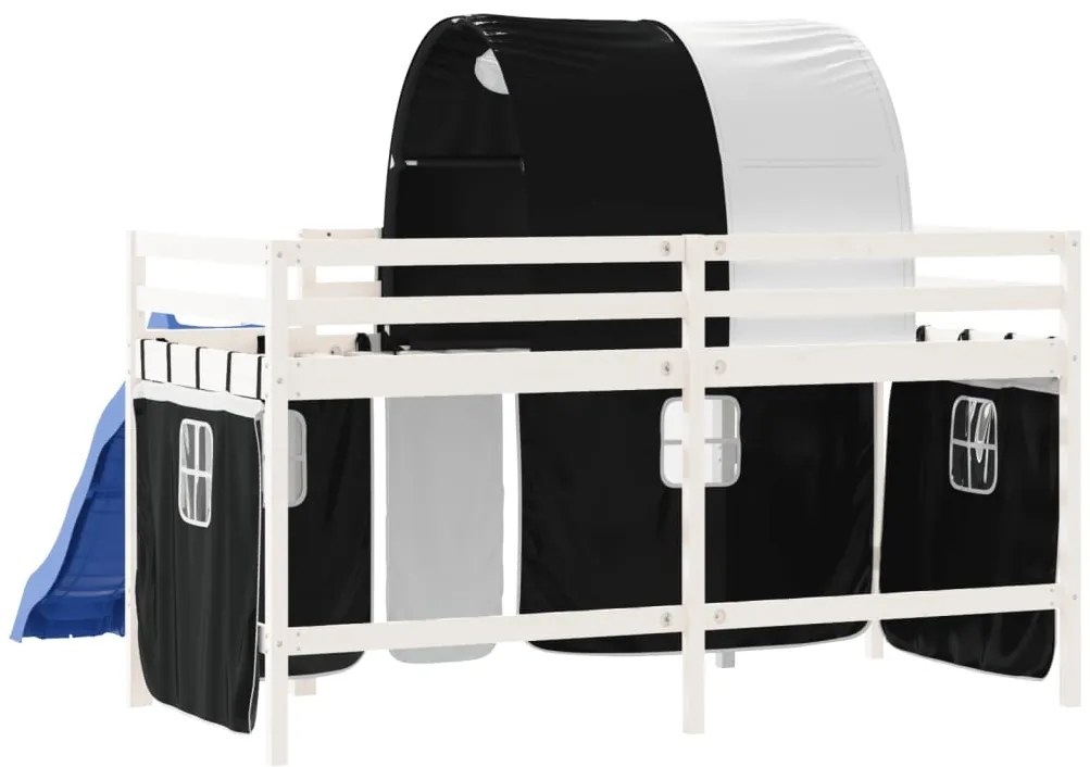 Cama alta criança c/ túnel 80x200 cm pinho maciço branco/preto