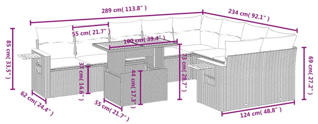10 pcs conjunto sofás de jardim c/ almofadões vime PE preto