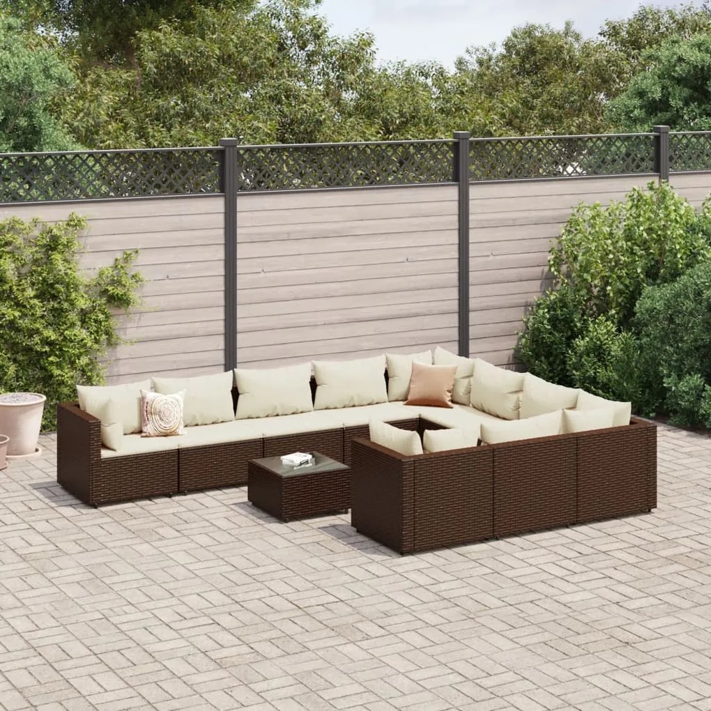 vidaXL 11 pcs conjunto sofás de jardim c/ almofadões vime PE castanho
