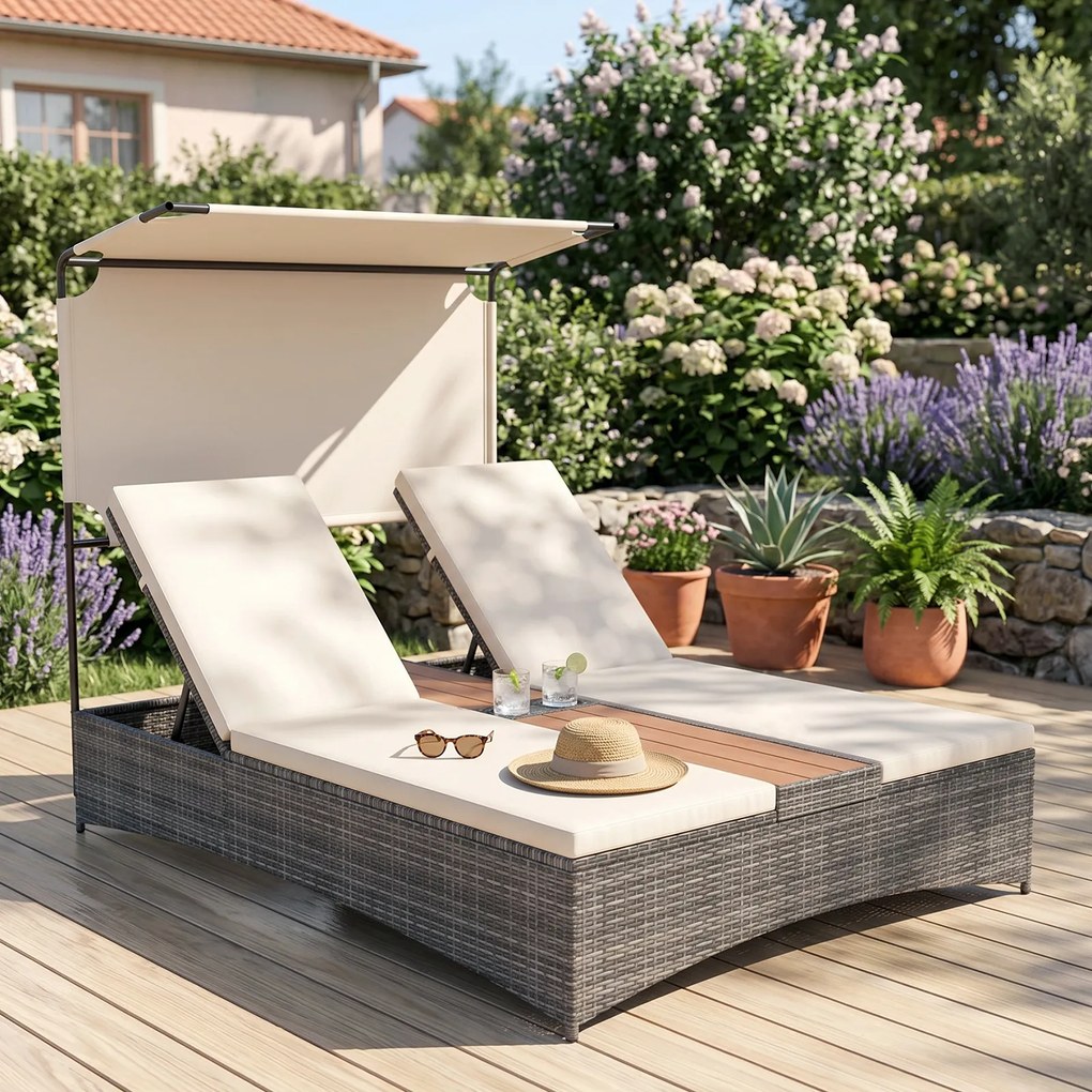 Espreguiçadeira Dupla de Jardim, 203 x 147 x 164 cm, Encostos Ajustáveis em 6 Níveis, Bege