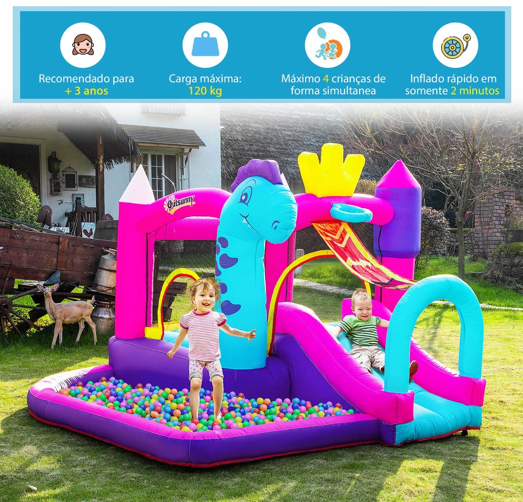 Outsunny Castelo Insuflável com Escorrega Trampolim Piscina e Cesta de para Crianças acima de 3 Anos Inclui Inflador e Bolsa de Transporte para Interior e Exterior 300x270x200cm Multicor