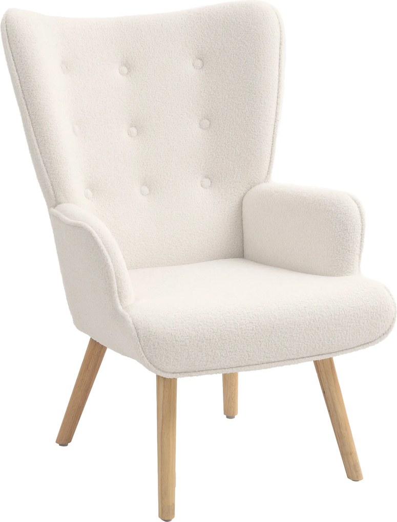 Poltrona de sala em tecido bouclé, poltrona estofada e acolchoada com pés de madeira, 71 x 74 x 96 cm, bege
