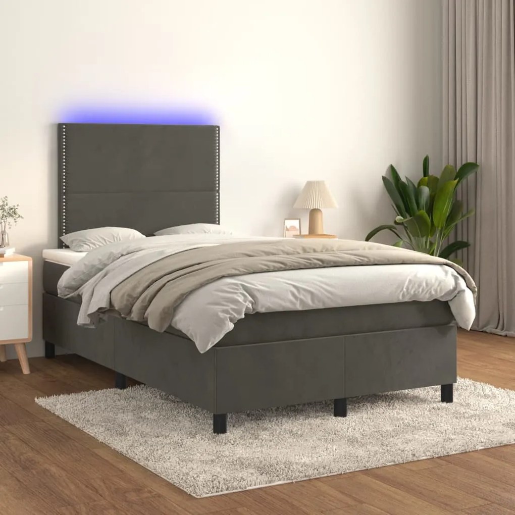 Cama box spring c/ colchão/LED 120x200cm veludo cinzento-escuro