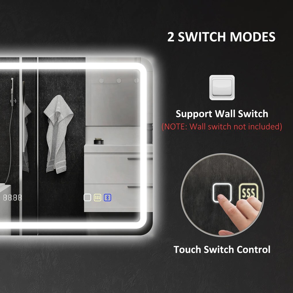 Espelho de Casa de Banho com Luz LED 80x60 cm Bluetooth 3 Cores de Luz Relógio Digital Função Antiembaciamento Memória Prata