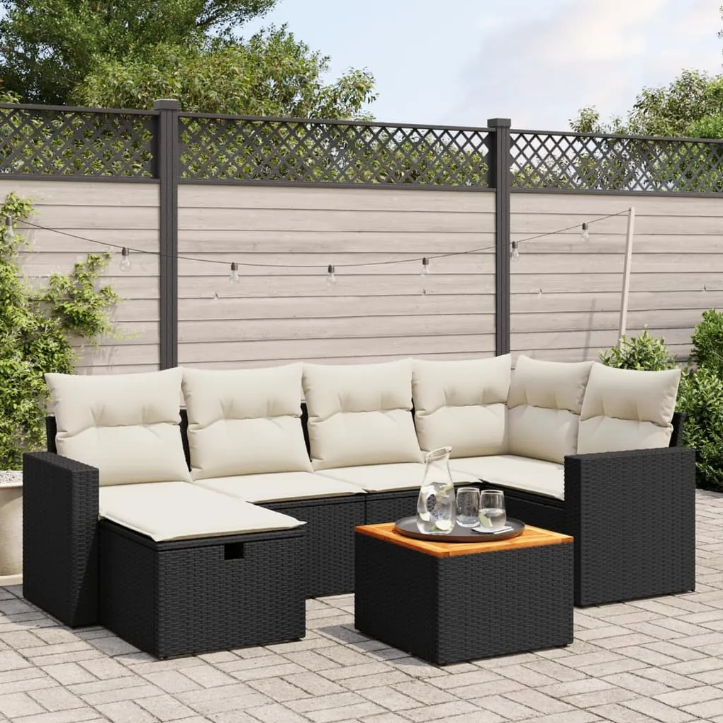 7 pcs conjunto de sofás p/ jardim c/ almofadões vime PE preto