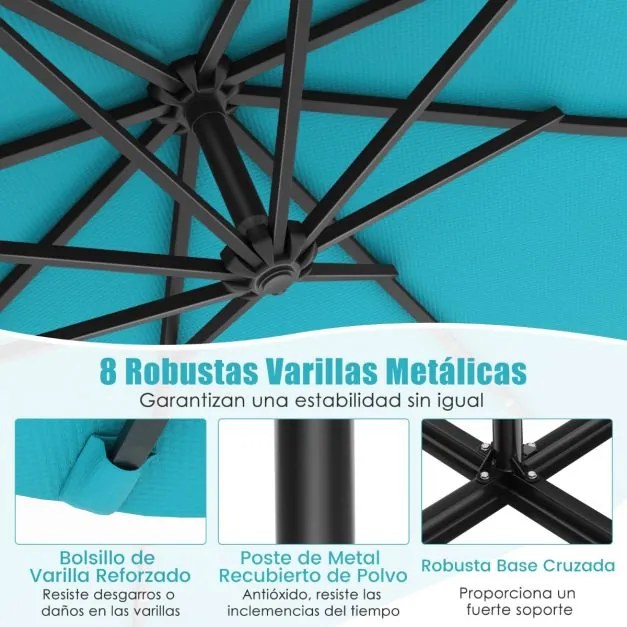 Guarda-sol Solar 3M com 40 Lâmpadas Painel Solar Ajuste de Inclinação com Base Cruzada (SEM PESOS) Iluminado para Pátio Jardim Turquesa