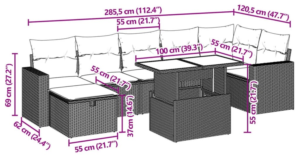 8 pcs conjunto de sofás p/ jardim com almofadões vime PE bege