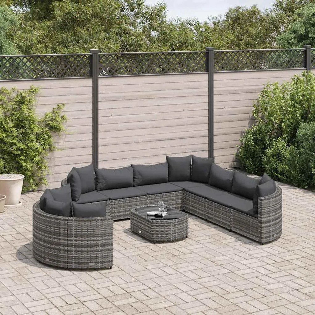 vidaXL 10 pcs conjunto sofás de jardim c/ almofadões vime PE cinzento
