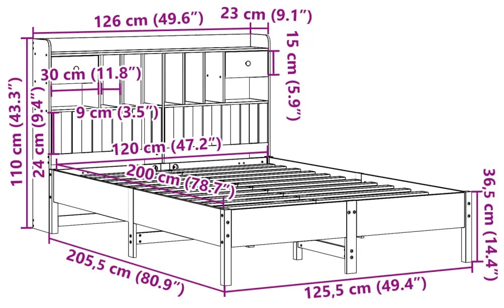 Cama com estante sem colchão 120x200 cm pinho maciço