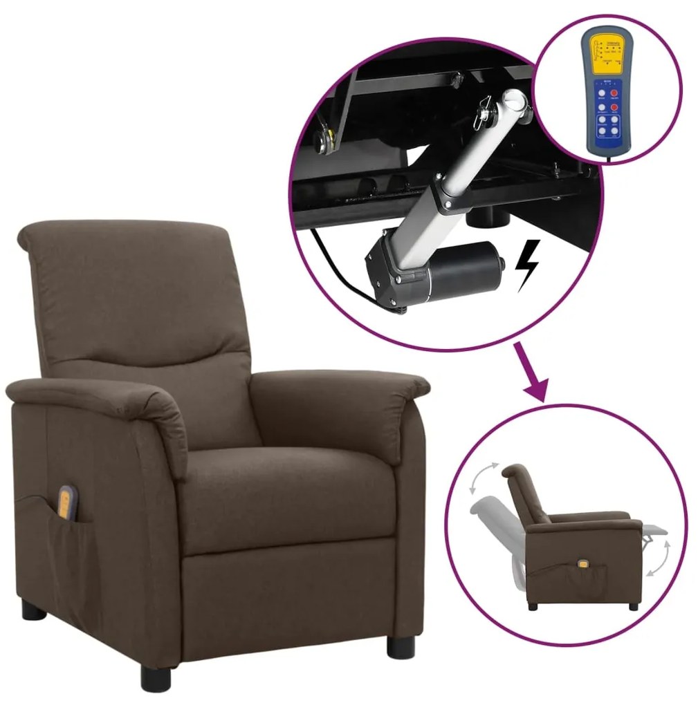 vidaXL Poltrona elevatória de massagens tecido castanho