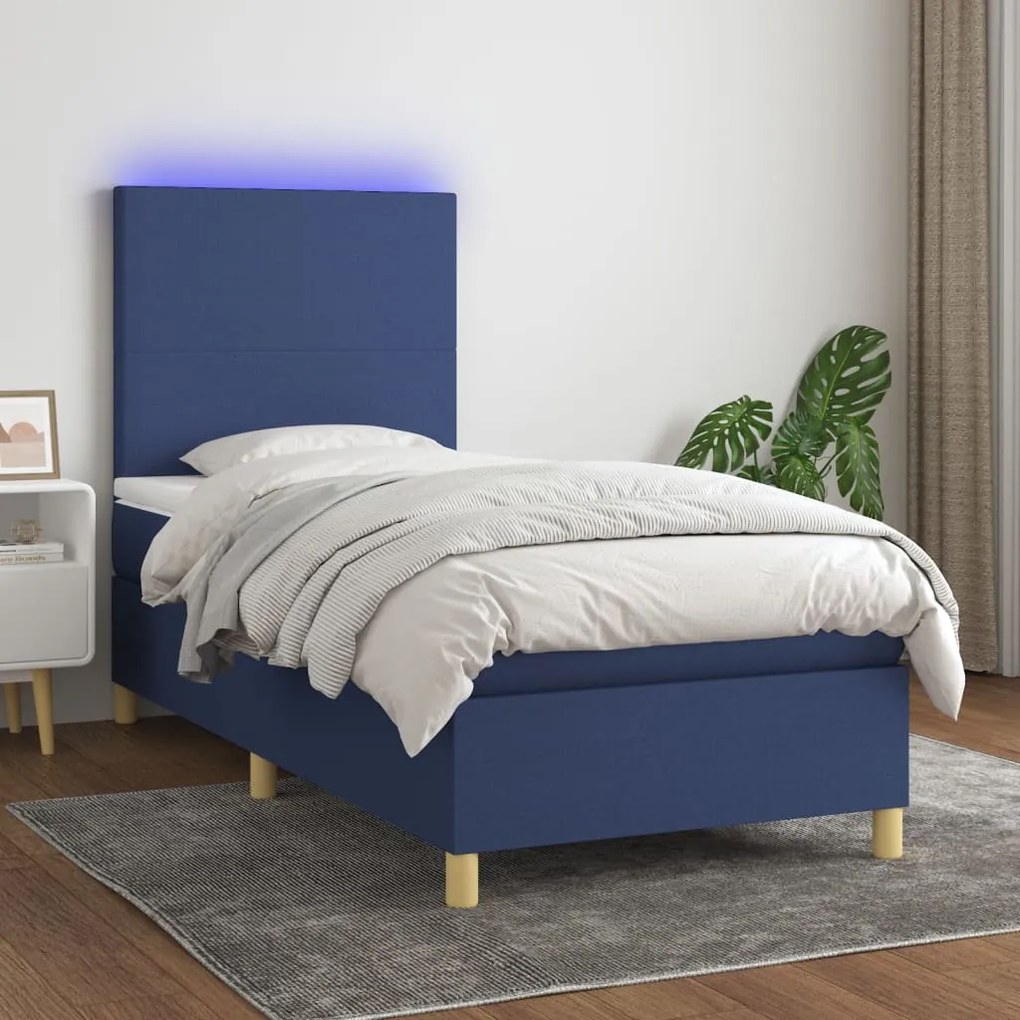 Cama box spring c/ colchão e LED 90x200 cm tecido azul